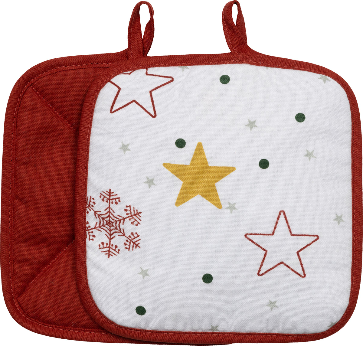 2er Set Topflappen in rot/weiß mit Sternen, Schneeflocken & Punkten - Rückseite uni rot mit praktischen Aufhängerr - X-Mas Edition - Wintertime (Küchengreifhilfe)