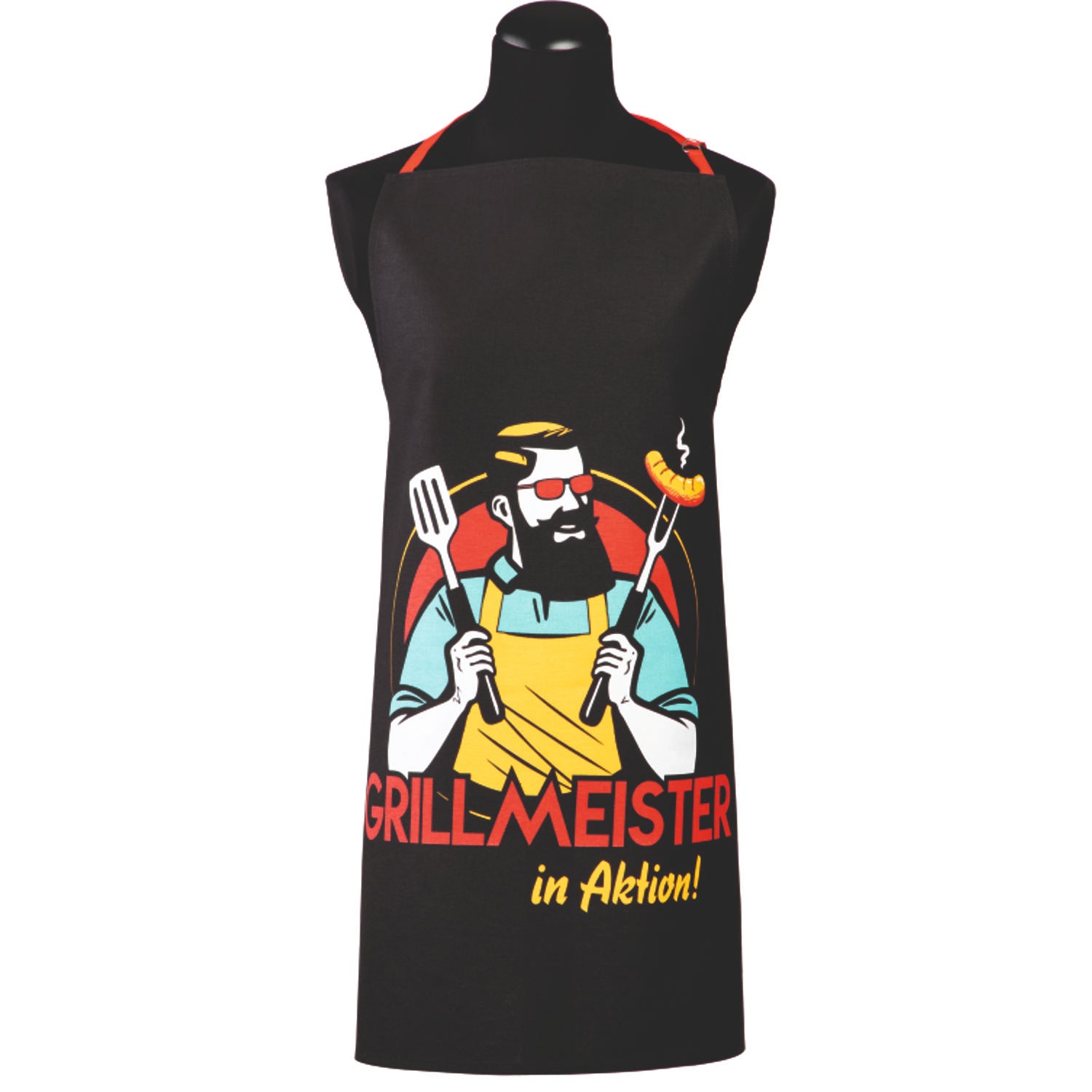 Grillschürze für Grillmeister in schwarz mit Aufdruck: Bratwurst und Schriftzug "Grillmeister in Aktion", ca. 70x85 cm - Stuco -